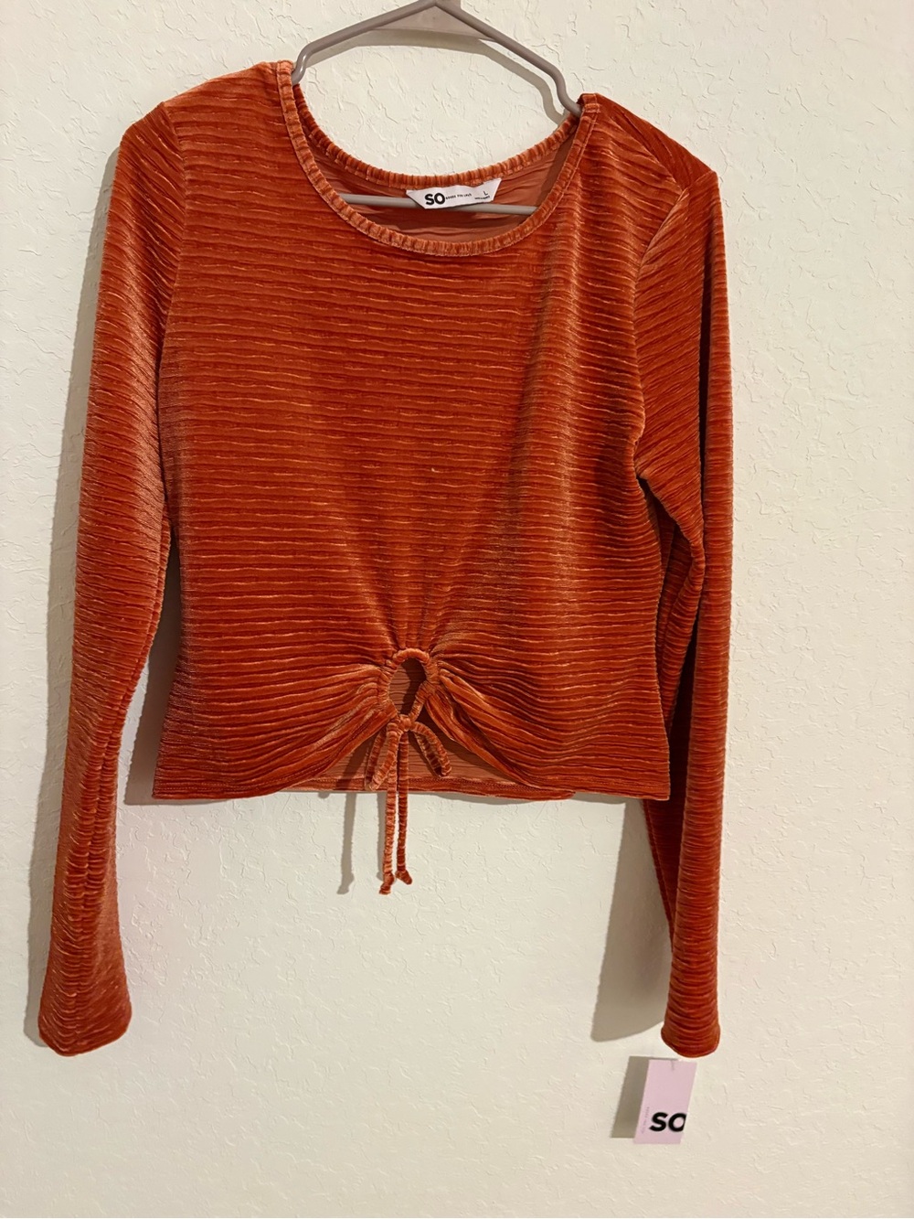 SO Rust Orange Ribbed Tie-Front Long Sleeve Crop Top